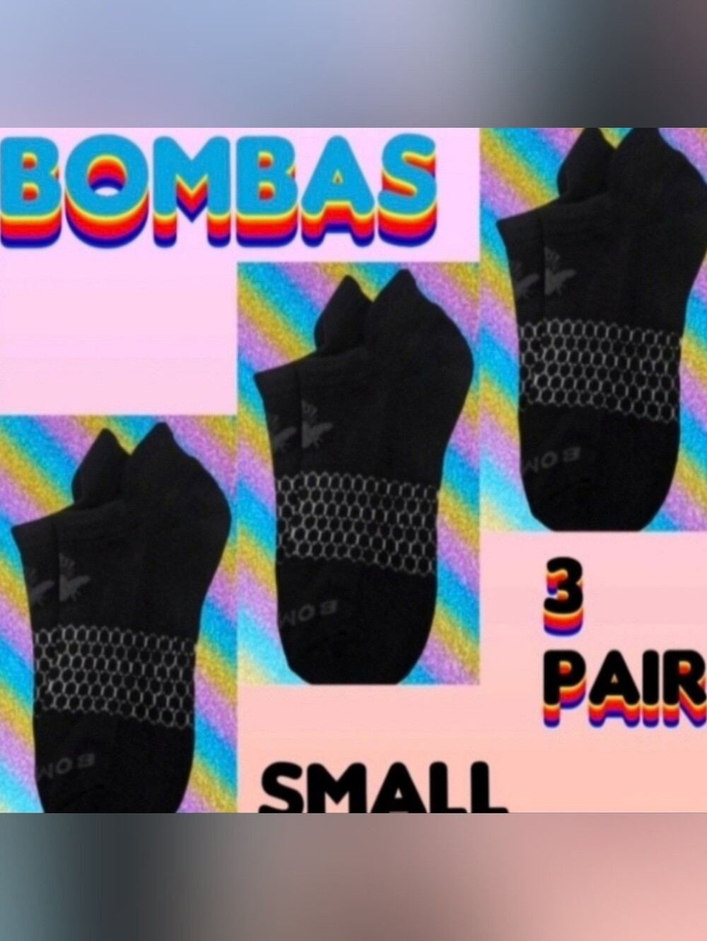 Bombas Ankle Socks Small 3 Pair Unisex Womens & Mens Honeycomb Black/Grey BNWT